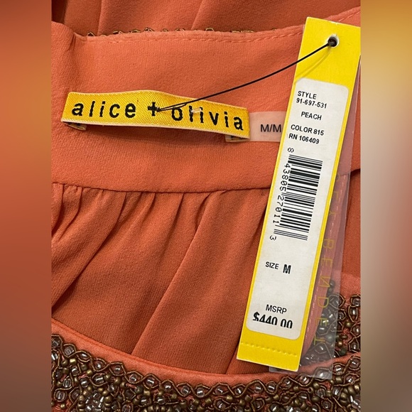Alice + Olivia Mini Dress Orange Silk High Neck Beaded embroidered A-line Dress - Picture 7 of 8